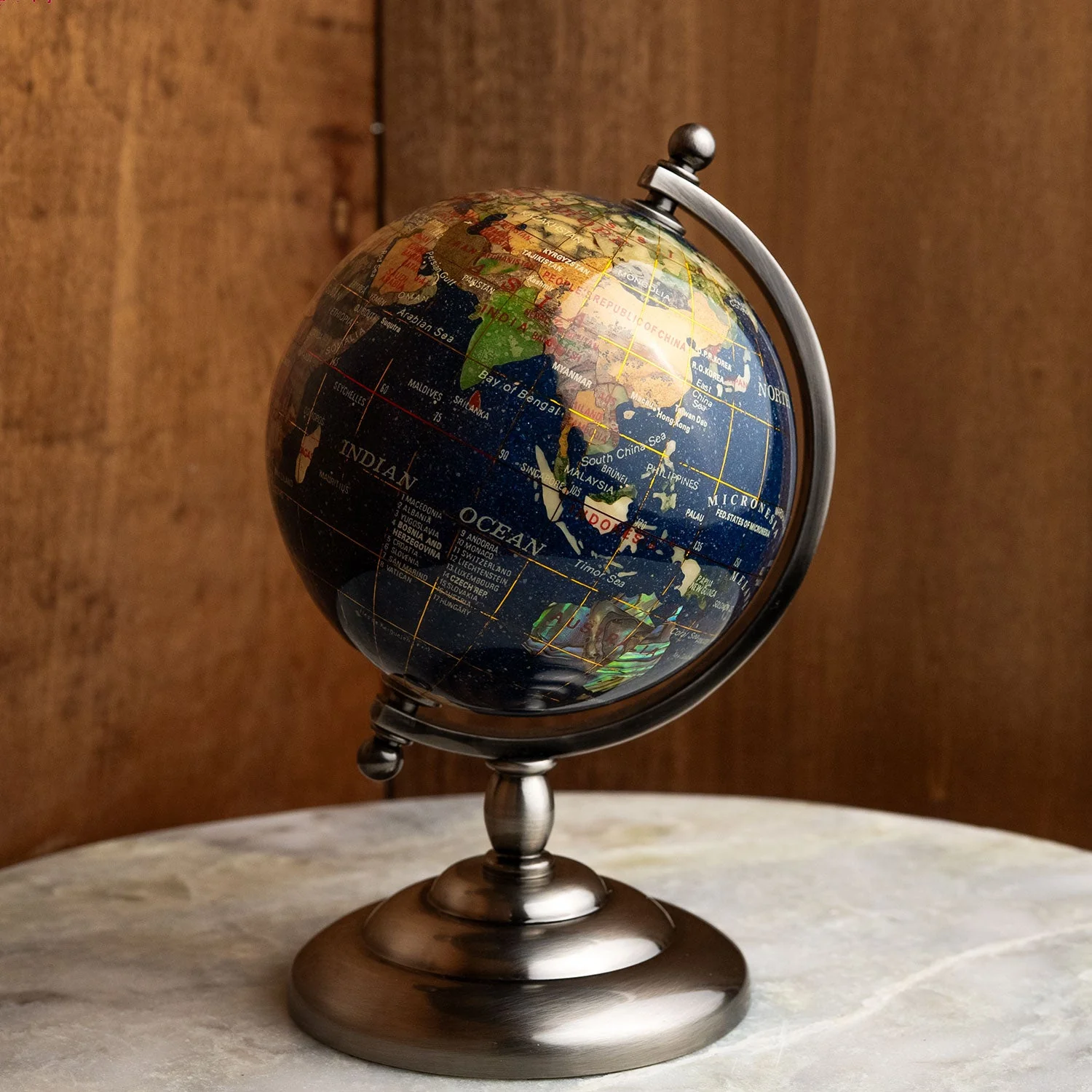 Gemstone Globe with Lapis Ocean on Antique Silver Stand - 7.25" - Image 2